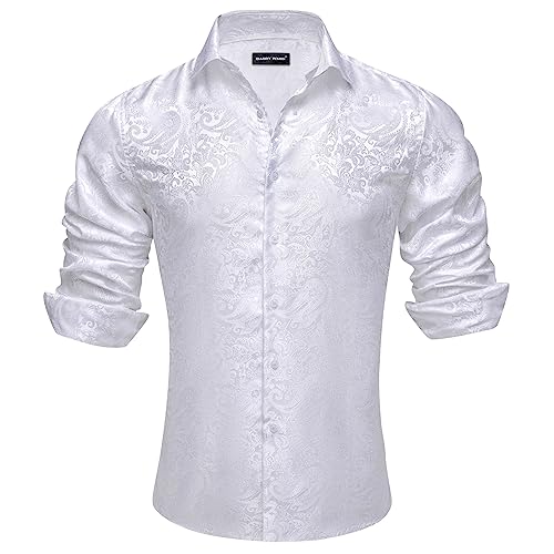 Barry.Wang Herren Paisley Bequemer Schnitt für große und große Männer Hemd Seide Business Hochzeit Freizeithemd für Männer Weiß S-3XL von Barry.Wang