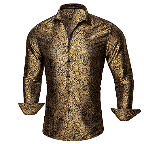 Barry.Wang Herren Paisley Bequemer Schnitt für große und große Männer Hemd Seide Business Hochzeit Freizeithemd für Männer Gold S-3XL von Barry.Wang