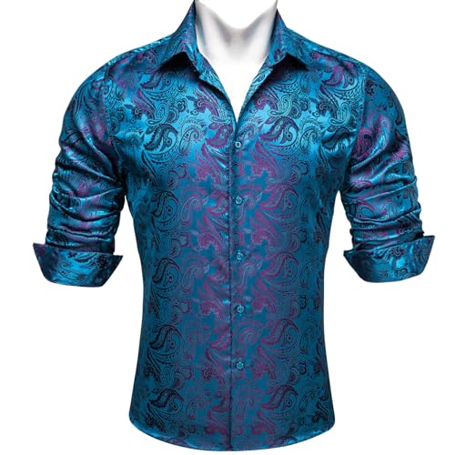 Barry.Wang Herren Paisley Bequemer Schnitt für große und große Männer Hemd Seide Business Hochzeit Freizeithemd für Männer Blau S-3XL von Barry.Wang