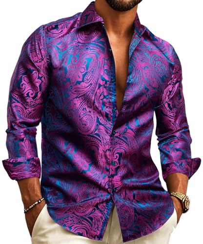 Barry.Wang Herren Paisley Bequemer Schnitt für große und große Männer Hemd Seide Business Hochzeit Freizeithemd für Männer Lila S-3XL von Barry.Wang