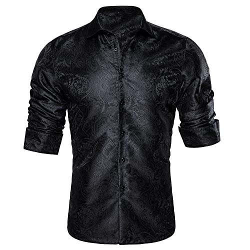 Barry.Wang Herren Paisley Bequemer Schnitt für große und große Männer Hemd Seide Business Hochzeit Freizeithemd für Männer Schwarz S-3XL von Barry.Wang