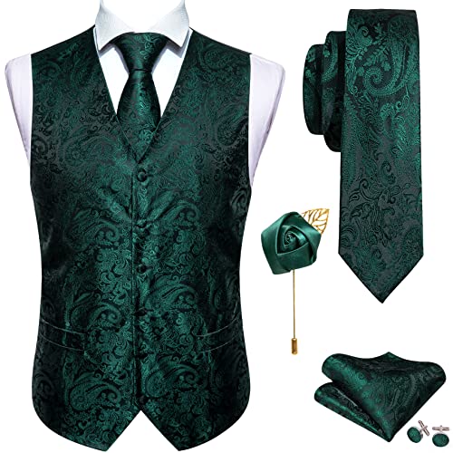 Barry.Wang Herren Paisley V-Ausschnitt Anzug Weste Formal/Freizeit Seide Jacquard Weste Krawatte Set 5 Stück, Green Black Paisley, Large von Barry.Wang