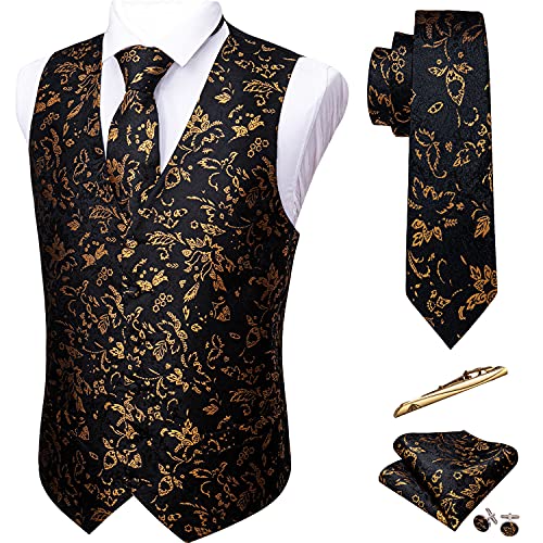 Barry.Wang Herren Paisley V-Ausschnitt Anzug Weste Formal/Freizeit Seide Jacquard Weste Krawatte Set 5-teilig, Schwarz-Goldblume, Large Barry.Wang Herren Paisley V-Ausschnitt Anzug Weste Formal/Freizeit Seide Jacquard Weste Krawatte Set 5-teilig, Schwarz-Goldblume, Large von Barry.Wang