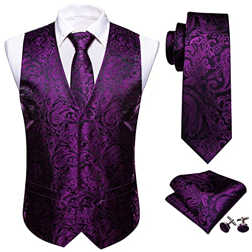 Barry.Wang Herren Paisleymuster Blume Jacquard Seide V-Ausschnitt Anzug Weste und Krawatte Einstecktuch Manschettenknöpfe für Hochzeit Smoking Abschlussball, Dunkelviolettes Paisleymuster, XXXL von Barry.Wang