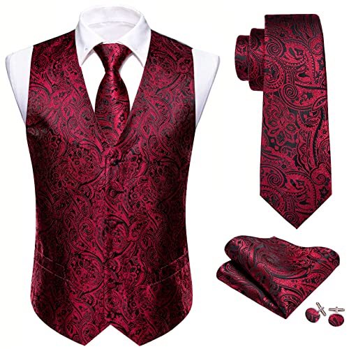 Barry.Wang Herren-Weste, Paisleymuster, Blume, Jacquard, Seide, V-Ausschnitt, Anzugweste und Krawatte, Einstecktuch, Manschettenknöpfe für Hochzeit, Smoking, Abschlussball, Rotes Paisley, L von Barry.Wang