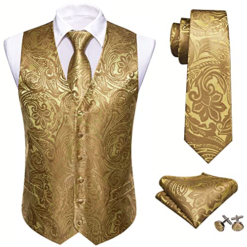 Barry.Wang Herren Paisleymuster Blume Jacquard Seide V-Ausschnitt Anzug Weste und Krawatte Einstecktuch Manschettenknöpfe für Hochzeit Smoking Abschlussball, gold, XXXL von Barry.Wang