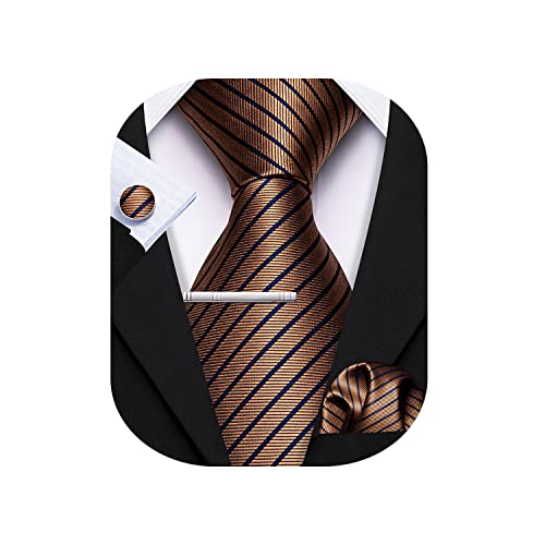 Barry.Wang Herren Seiden-Geschäftskrawatten mit Taschentuch Manschettenknopf Kaffee-Streifen Krawatten-Set Feierliche Hochzeit von Barry.Wang