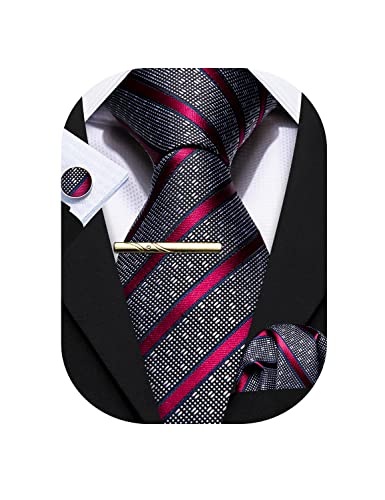 Barry.Wang Herren Seiden-Geschäftskrawatten mit Taschentuch Manschettenknopf-Streifen Plaid-Krawatten-Set Feierliche Hochzeit von Barry.Wang