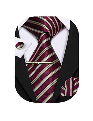 Barry.Wang Herren Seiden-Geschäftskrawatten mit Taschentuch Manschettenknopf-Streifen Plaid-Krawatten-Set Feierliche Hochzeit von Barry.Wang