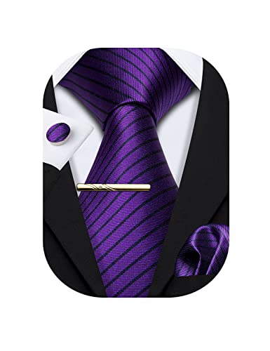 Barry.Wang Herren Seiden-Geschäftskrawatten mit Taschentuch Manschettenknopf-Streifen Plaid-Krawatten-Set Feierliche Hochzeit von Barry.Wang