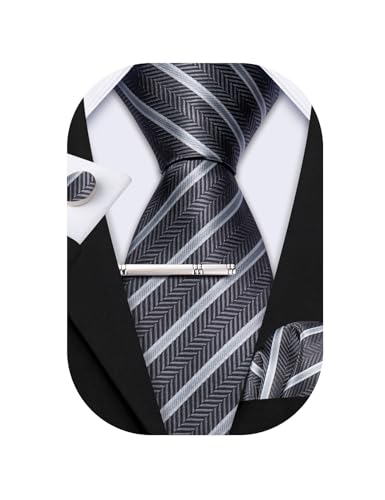 Barry.Wang Herren Seiden-Geschäftskrawatten mit Taschentuch Manschettenknopf-Streifen Plaid-Krawatten-Set Feierliche Hochzeit von Barry.Wang