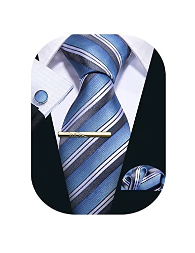 Barry.Wang Herren Seiden-Geschäftskrawatten mit Taschentuch Manschettenknopf-Streifen Plaid-Krawatten-Set Feierliche Hochzeit von Barry.Wang
