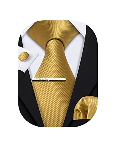 Barry.Wang Herren Seiden-Geschäftskrawatten mit Taschentuch Manschettenknopf-Streifen Plaid-Krawatten-Set Feierliche Hochzeit (Reines Gold) von Barry.Wang