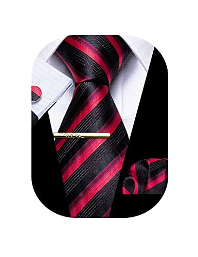 Barry.Wang Herren Seiden-Geschäftskrawatten mit Taschentuch Manschettenknopf-Streifen Plaid-Krawatten-Set Feierliche Hochzeit (Schwarzer roter Streifen) von Barry.Wang