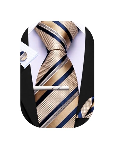 Barry.Wang Herren Seiden-Geschäftskrawatten mit Taschentuch Manschettenknopf-Streifen Plaid-Krawatten-Set Feierliche Hochzeit von Barry.Wang
