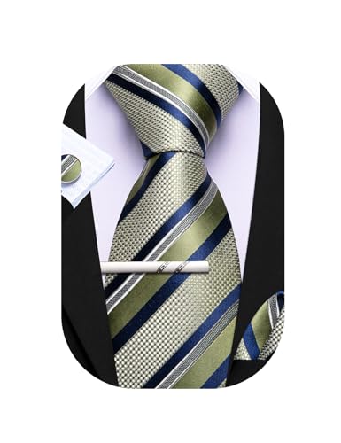 Barry.Wang Herren Seiden-Geschäftskrawatten mit Taschentuch Manschettenknopf-Streifen Plaid-Krawatten-Set Feierliche Hochzeit von Barry.Wang