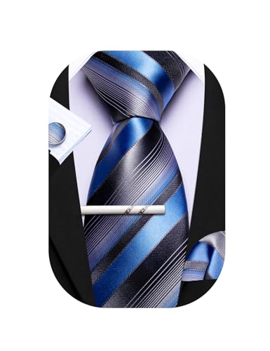 Barry.Wang Herren Seiden-Geschäftskrawatten mit Taschentuch Manschettenknopf-Streifen Plaid-Krawatten-Set Feierliche Hochzeit von Barry.Wang