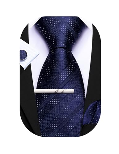 Barry.Wang Herren Seiden-Geschäftskrawatten mit Taschentuch Manschettenknopf-Streifen Plaid-Krawatten-Set Feierliche Hochzeit von Barry.Wang