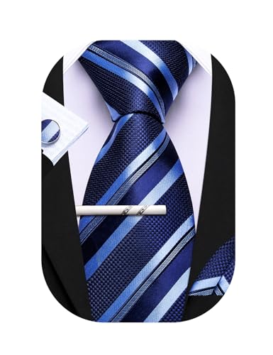 Barry.Wang Herren Seiden-Geschäftskrawatten mit Taschentuch Manschettenknopf-Streifen Plaid-Krawatten-Set Feierliche Hochzeit von Barry.Wang