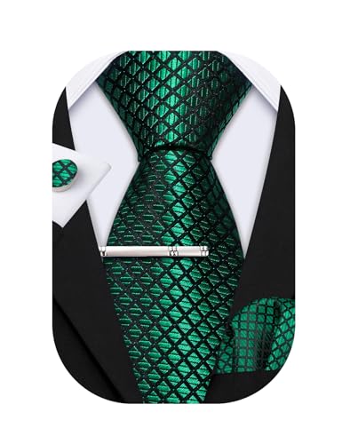 Barry.Wang Herren Seiden-Geschäftskrawatten mit Taschentuch Manschettenknopf-Streifen Plaid-Krawatten-Set Feierliche Hochzeit von Barry.Wang