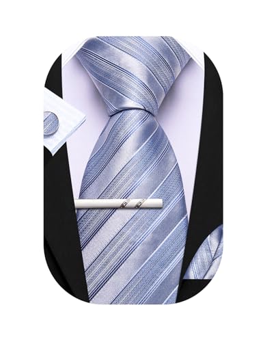 Barry.Wang Herren Seiden-Geschäftskrawatten mit Taschentuch Manschettenknopf-Streifen Plaid-Krawatten-Set Feierliche Hochzeit von Barry.Wang