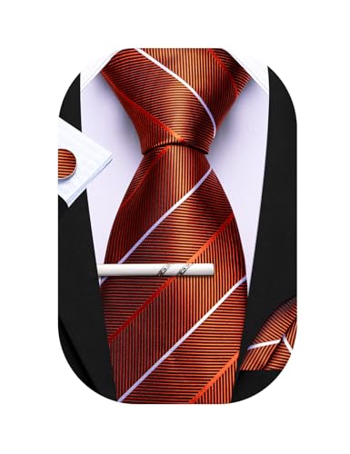Barry.Wang Herren Seiden-Geschäftskrawatten mit Taschentuch Manschettenknopf-Streifen Plaid-Krawatten-Set Feierliche Hochzeit von Barry.Wang