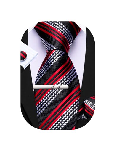 Barry.Wang Herren Seiden-Geschäftskrawatten mit Taschentuch Manschettenknopf-Streifen Plaid-Krawatten-Set Feierliche Hochzeit von Barry.Wang
