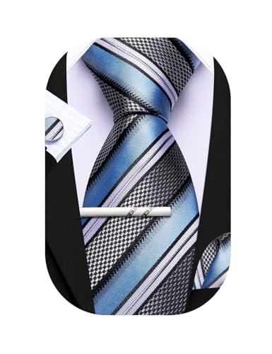 Barry.Wang Herren Seiden-Geschäftskrawatten mit Taschentuch Manschettenknopf-Streifen Plaid-Krawatten-Set Feierliche Hochzeit von Barry.Wang