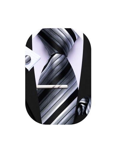 Barry.Wang Herren Seiden-Geschäftskrawatten mit Taschentuch Manschettenknopf-Streifen Plaid-Krawatten-Set Feierliche Hochzeit von Barry.Wang
