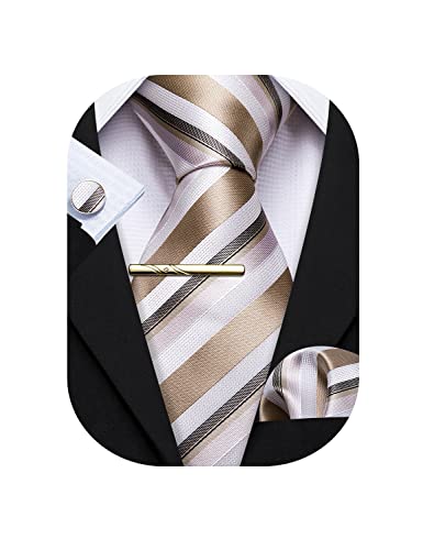 Barry.Wang Herren Seiden-Geschäftskrawatten mit Taschentuch Manschettenknopf-Streifen Plaid-Krawatten-Set Feierliche Hochzeit von Barry.Wang