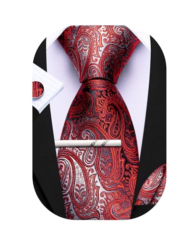 Barry.Wang Herren Seiden-Paisley-Krawatten mit Taschentuch Manschettenknopf Krawattenset Feierliche Hochzeit 3PCS von Barry.Wang