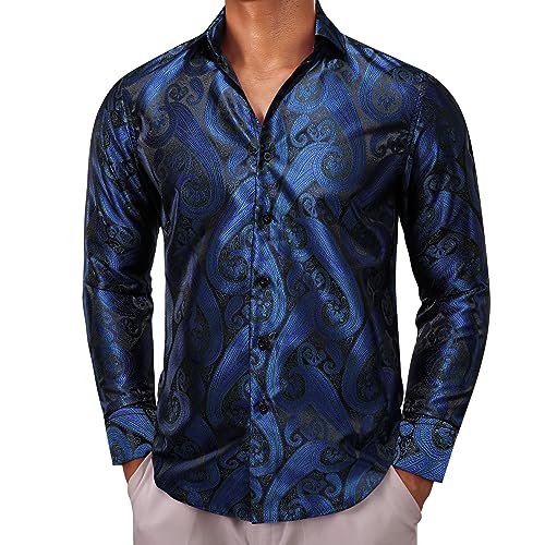 Barry.Wang Herren Seidenhemd Paisley Floral Langarm Regular Fit Hochzeit Party Casual Business Formal Kleid, marineblau, XXL von Barry.Wang