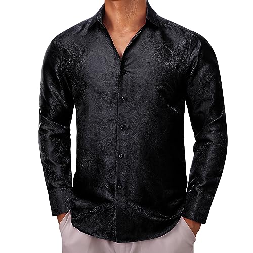 Barry.Wang Herren Seidenhemd Paisley Floral Langarm Regular Fit Hochzeit Party Casual Business Formal Kleid, Black Paisley, M von Barry.Wang