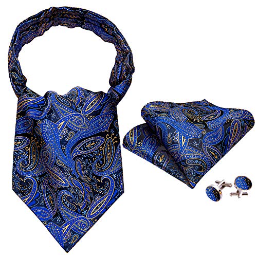 Barry.Wang Herren Seidenkrawatte Paisley Woven Paisley Fashion Ascot und Einstecktuch Manschettenknöpfe Set Hochzeit Formal, Blaugold, Einheitsgröße von Barry.Wang