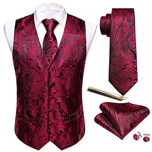 Barry.Wang Formale Herren-Weste, Paisleymuster, Krawatte, Taschentuch, Manschettenknöpfe, Clip, Anzug, Weste, Designer, 5-teilig, rot, M von Barry.Wang