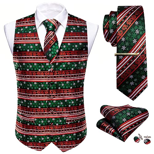 Barry.Wang Herren Weihnachten Weste Anzug Krawatte Urlaub Business Fliege Kleid Weste V-Ausschnitt Party Schneeflocke Xmas Kostüme, Dunkelgrüne weiße Schneeflocken, XL von Barry.Wang