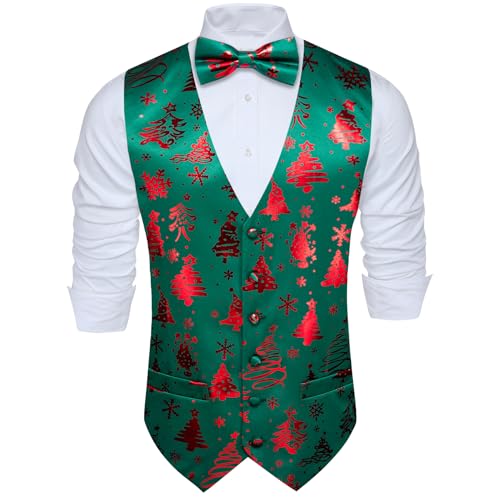 Barry.Wang Herren Weihnachtsweste Fliege Set Urlaub Business Fliege Kleid Weste V-Ausschnitt Party Schneeflocke Weihnachtsbaum Xmas Kostüme, Grün-rote Weste, XL von Barry.Wang