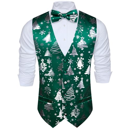 Barry.Wang Herren Weihnachtsweste Fliege Set Urlaub Business Fliege Kleid Weste V-Ausschnitt Party Schneeflocke Weihnachtsbaum Xmas Kostüme, Grün-weiße Weste, XL von Barry.Wang