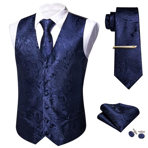 Barry.Wang Herren-Weste, Paisleymuster, Blumen-Krawatte, Einstecktuch, V-Ausschnitt, Business-Casual-Kleid, Weste, Krawatte, Anzug, Hochzeit, Party, königsblau, XL von Barry.Wang