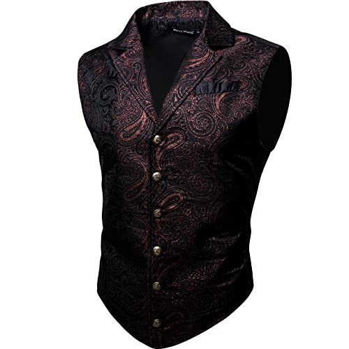 Barry.Wang Herren Weste, Paisleymuster, viktorianischer Stil, formell/Freizeit, taillierter Kragen, schlanke Passform, Steampunk, Gothic, Smoking Weste, Rot, schwarz, Medium von Barry.Wang