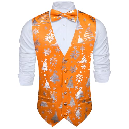 Barry.Wang Herren Weihnachtsweste Krawatte Anzug Urlaub Business Bowtie Kleid Weste V-Ausschnitt Party Schneeflocke Weihnachtsbäume Xmas Kostüme, Orange, Silber, L von Barry.Wang