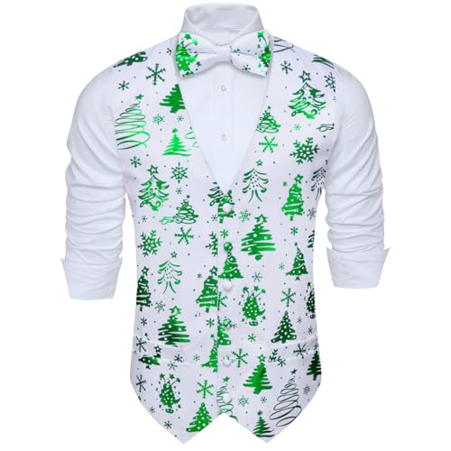 Barry.Wang Herren Weste Krawatte Anzug Urlaub Weihnachten Business Bowtie Kleid Weste V-Ausschnitt Party Schneeflocke Weihnachten Baum Xmas Kostüme, weiß / grün, M von Barry.Wang