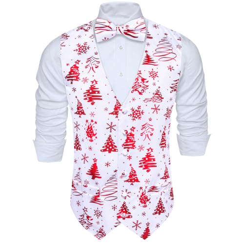 Barry.Wang Herren Weste Krawatte Anzug Urlaub Weihnachten Business Bowtie Kleid Weste V-Ausschnitt Party Schneeflocke Weihnachten Baum Xmas Kostüme, weiß / rot, M von Barry.Wang