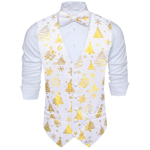 Barry.Wang Herren Weihnachtsweste Krawatte Anzug Urlaub Business Bowtie Kleid Weste V-Ausschnitt Party Schneeflocke Weihnachtsbäume Xmas Kostüme, weißgold, XXL von Barry.Wang