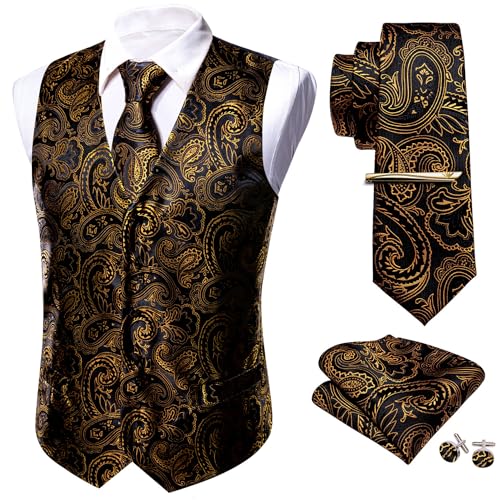 Barry.Wang Herren Weste Set Paisley Floral Seide 5PCS Weste Krawatte Taschentuch Manschettenknopf Clip Casual Business Kleid, Altgold, L von Barry.Wang