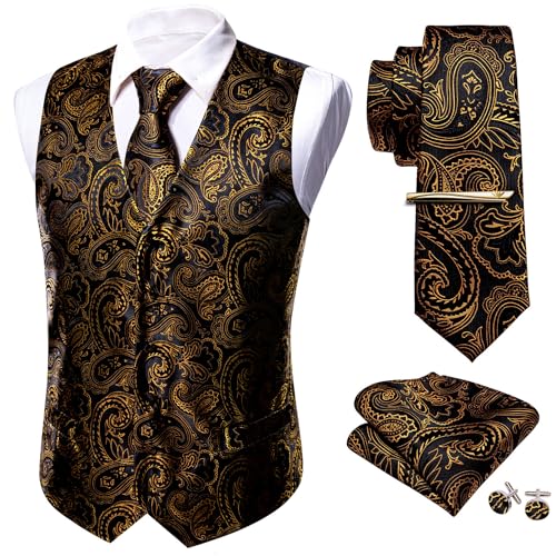 Barry.Wang Formelles Herren-Westenset, Paisleymuster, Krawatte, Taschentuch, Manschettenknöpfe, Clip, Anzugweste, Designer, 5-teilig, Altgold, L von Barry.Wang