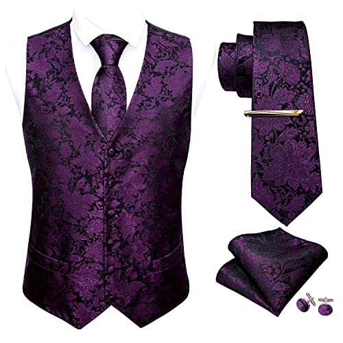 Barry.Wang Herren-Westen-Set, Paisleymuster, Blumenmuster, Seide, 5 Stück, Krawatte, Taschentuch, Manschettenknöpfe, Freizeitkleid, Violett, M von Barry.Wang