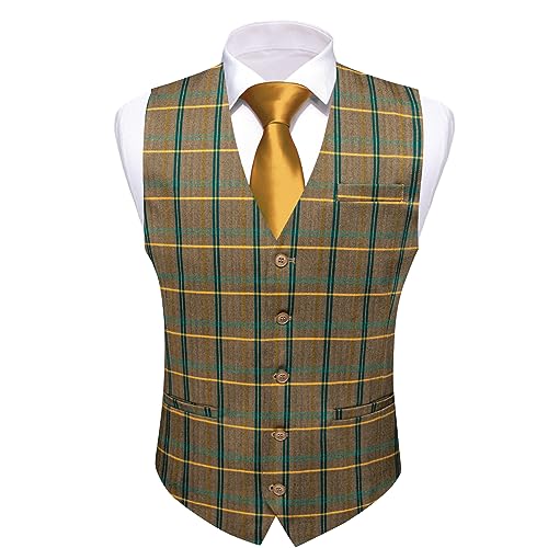 Barry.Wang Herren formale Fischgrätenweste Plaid Freizeit V-Ausschnitt Slim Fit Weste für Party Abschlussball Hochzeit, A-braunes und gelbes Karomuster, XXX-Large von Barry.Wang