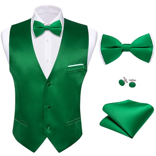 Barry.Wang Herren formeller Business-Anzug Weste V-Ausschnitt Slim Fit Casual Einfarbig Weste Fliege Set für Hochzeit Party Smoking, Smaragdrün, Large von Barry.Wang