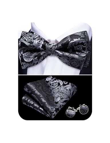 Barry.Wang Herren vorgebundene Fliege Set Paisley Seide Krawatte Einstecktuch Manschettenknöpfe für Hochzeit Party Formal, schwarz grau, Einheitsgröße von Barry.Wang